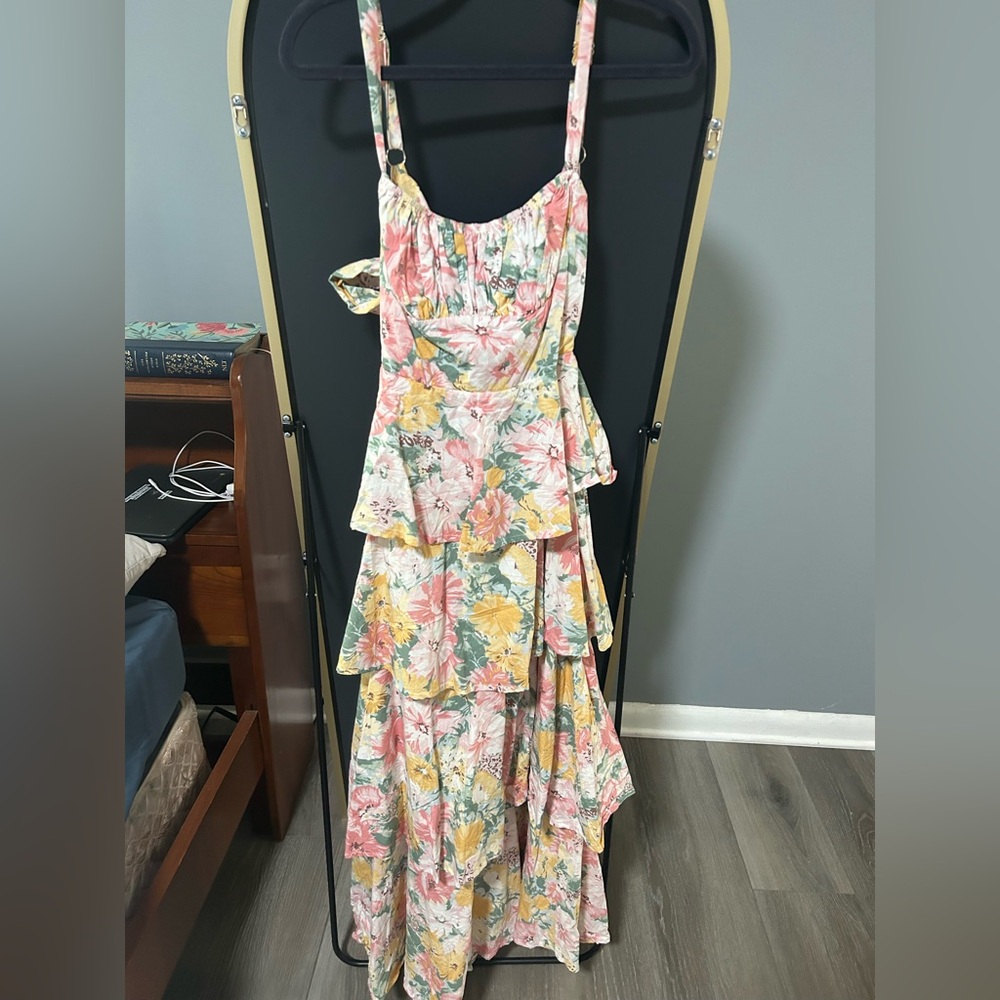 Pink and Yellow Ruffled Tiered Asymmetrical Sundress